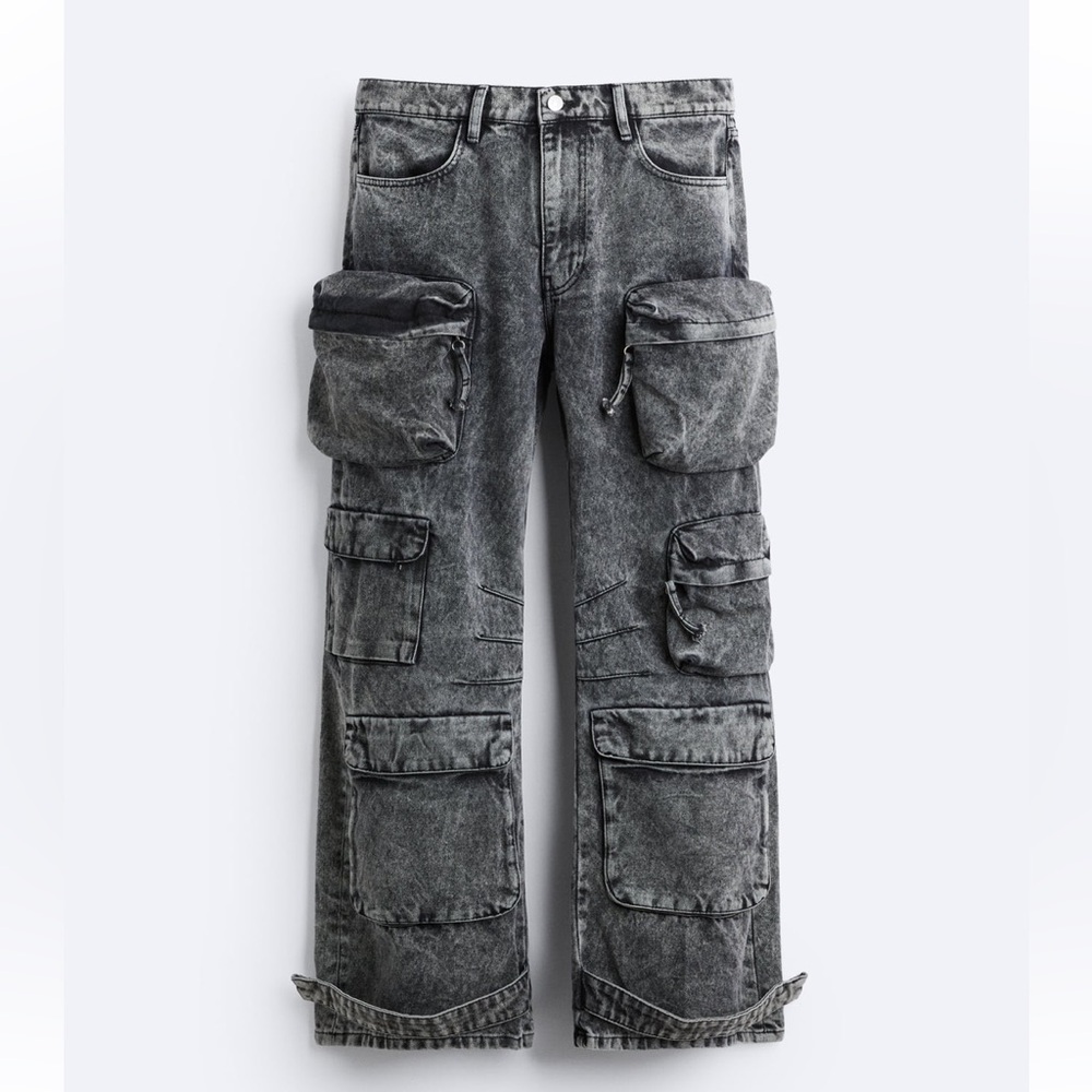 EUC ZARA UTILITY POCKET WASHED GREY BLACK JEANS MENS SZ 30 WOMEN SZ 8